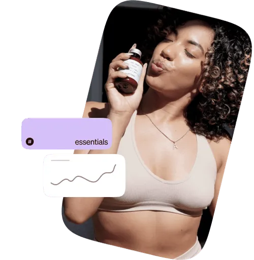 purple rectangle with the word essentials and a yellow rectangle with a line on it next to a picture of a girl posing with products from prose